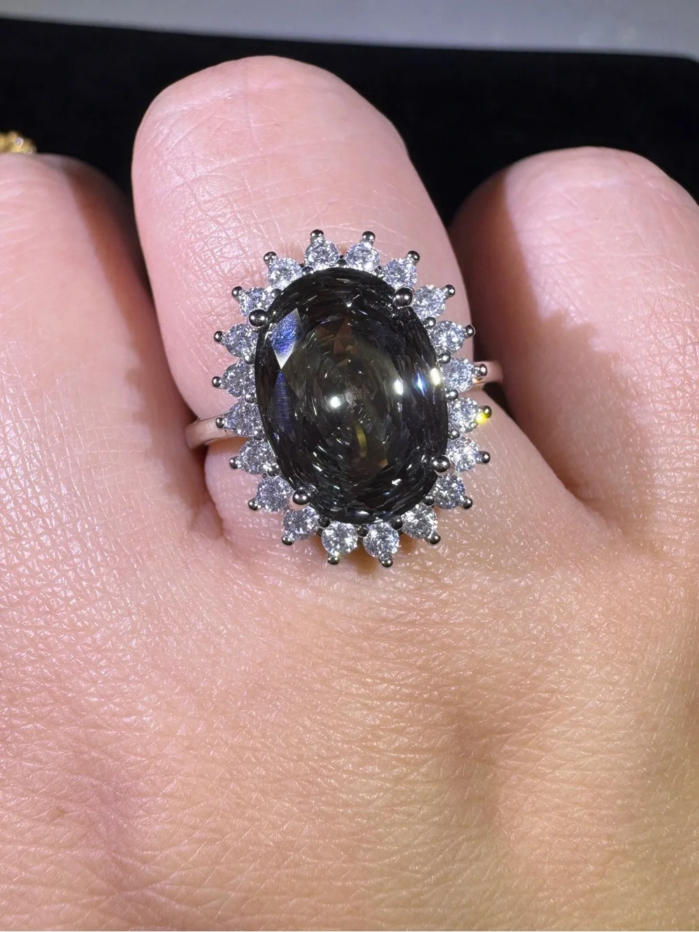 Fingerprint Cut CZ Gray Green Adjustable Ring